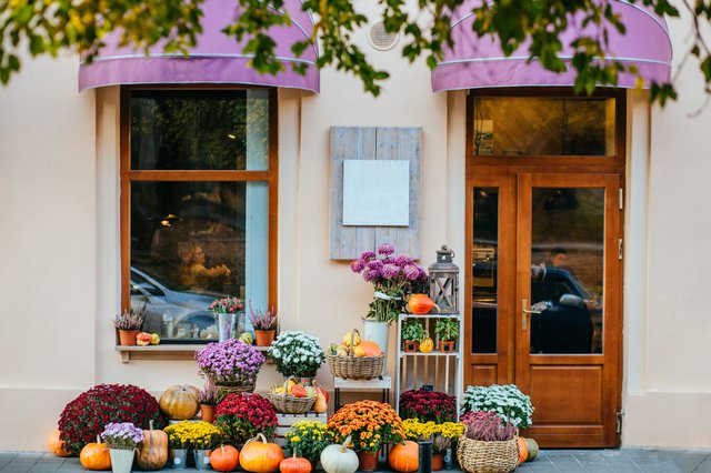 Storefront of cozy flower shop with flowers, pots, pumpkins beautiful autumn decor.