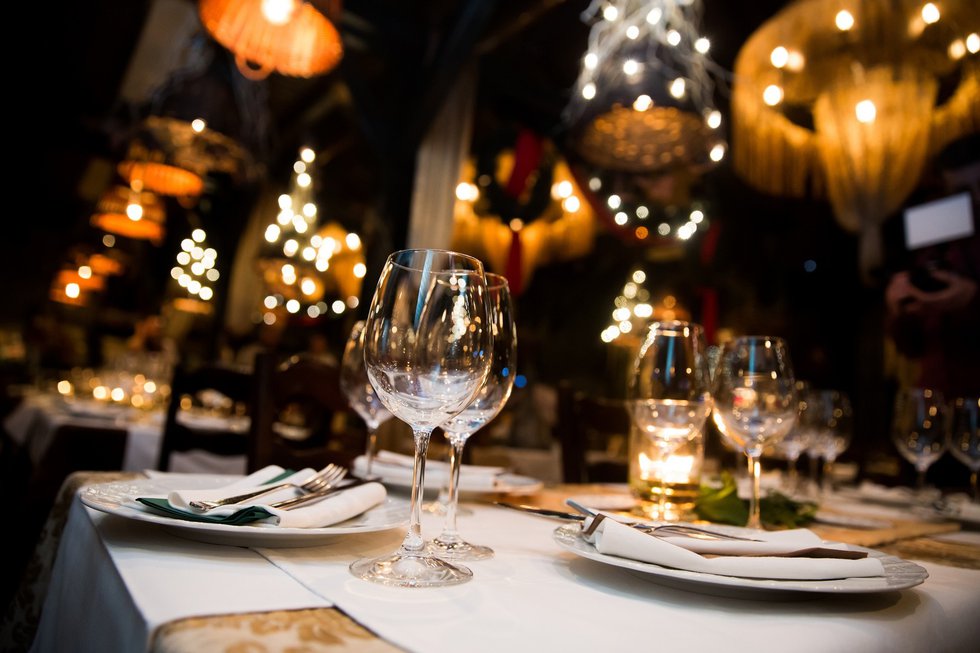 Served dinner table. Restaurant interior